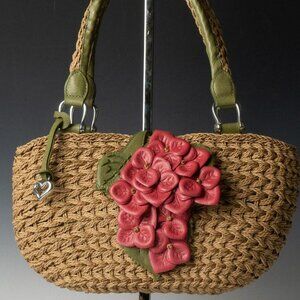 Brighton Sabella Handbag, Leather and Straw, Pink Flowers